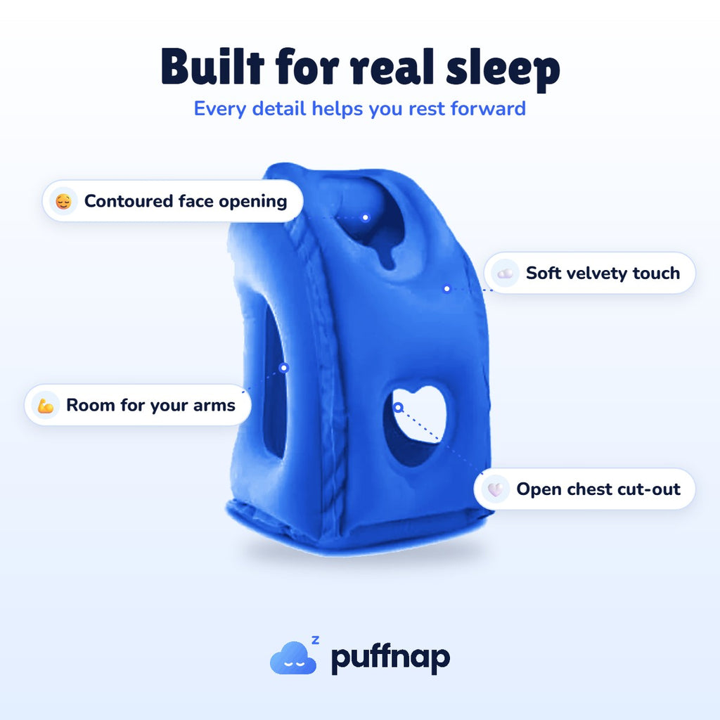Puffnap features: contoured face opening, arm openings, soft velvety touch, open chest cut-out