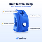 Puffnap features: contoured face opening, arm openings, soft velvety touch, open chest cut-out