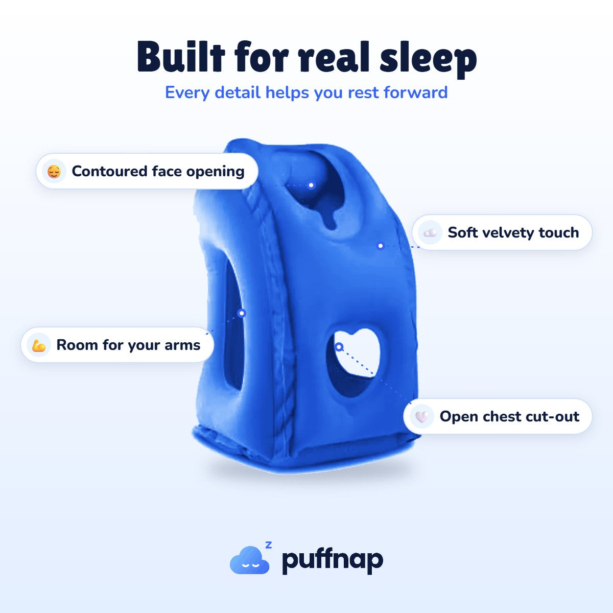 Puffnap features: contoured face opening, arm openings, soft velvety touch, open chest cut-out