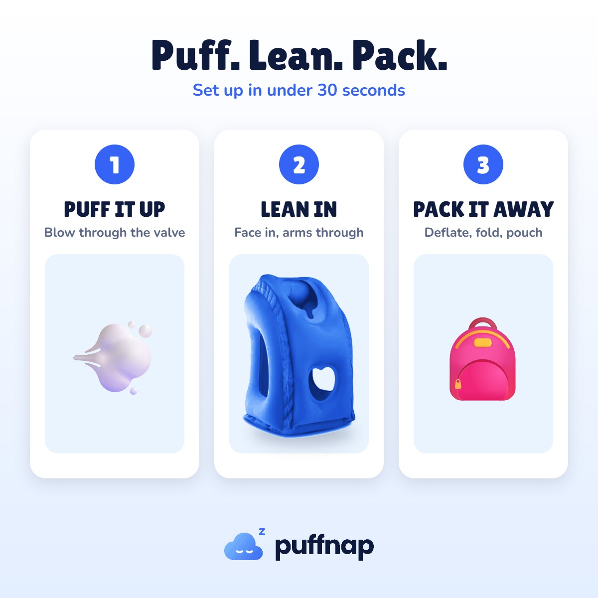 How Puffnap works: puff it up, lean in, pack it away